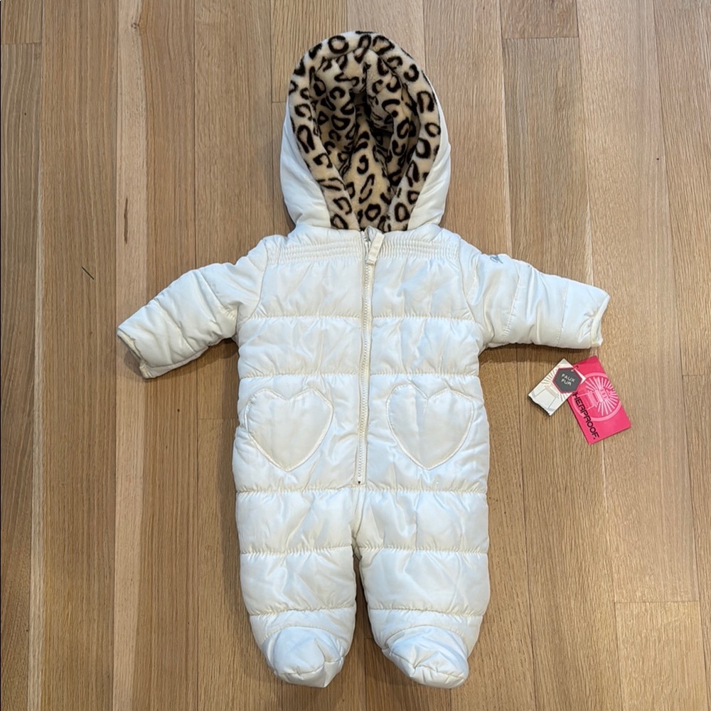 White Baby Snowsuit with Leopard Print Hood